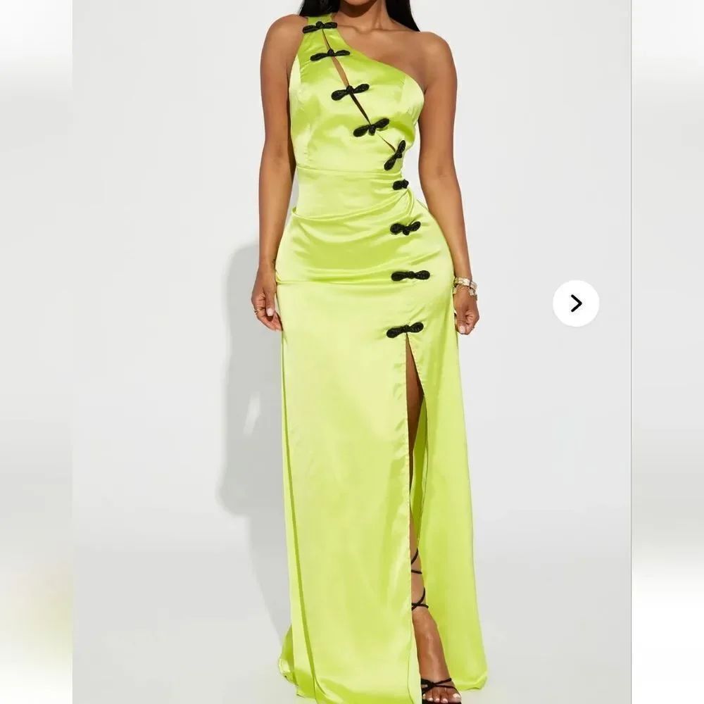 Elegant Lime Green Satin Dress with Black Accents